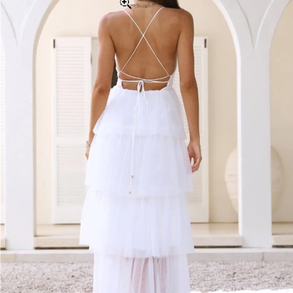 WHITE TIERED FRILL MIDI DRESS - Picture 2 of 3